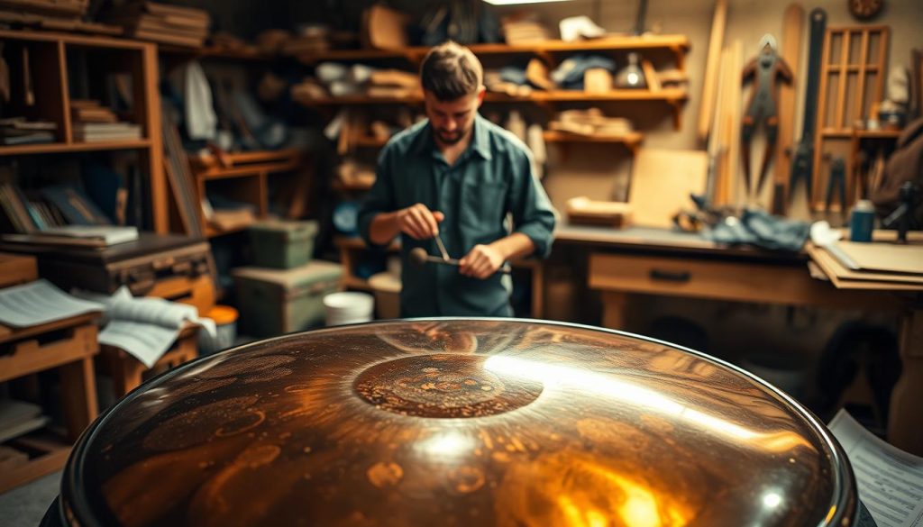 A beautifully crafted gamme handpan displayed prominently in the foreground, showcasing its intricate surface and vibrant tones. The handpan is glistening under soft, natural lighting that accentuates its curves and notes. Surrounding the instrument are scattered sheets of music, emphasizing its musical purpose. In the middle ground, a skilled artisan can be seen at work, wearing modest casual clothing, gently tapping the handpan with mallets, creating an inviting, serene atmosphere. In the background, a workshop filled with tools and wooden shelves adds a touch of authenticity, with warm, diffused lighting creating an inspiring and creative environment. The overall mood is calm and artistic, reflecting the craftsmanship and harmony of sound associated with the gamme handpan.