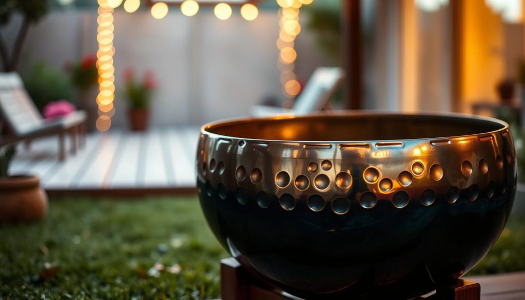 A beautifully crafted terme handpan sits prominently in the foreground, showcasing its polished metallic surface with intricate dimples and a rich, vibrant color palette of deep blues and greens. The middle ground features an inviting ambient setting, perhaps a serene outdoor space with soft grass or wooden decking, where subtle hints of nature like leaves and flowers add a touch of tranquility. In the background, softly blurred bokeh lights hint at a sunset, creating a warm, golden glow that encapsulates the harmonious vibe of the scene. The lighting is soft and warm, enhancing the appeal of the handpan while casting gentle reflections on its surface. The mood is peaceful and contemplative, inviting viewers to immerse themselves in the serene world of this unique musical instrument. A beautifully crafted terme handpan sits prominently in the foreground, showcasing its polished metallic surface with intricate dimples and a rich, vibrant color palette of deep blues and greens. The middle ground features an inviting ambient setting, perhaps a serene outdoor space with soft grass or wooden decking, where subtle hints of nature like leaves and flowers add a touch of tranquility. In the background, softly blurred bokeh lights hint at a sunset, creating a warm, golden glow that encapsulates the harmonious vibe of the scene. The lighting is soft and warm, enhancing the appeal of the handpan while casting gentle reflections on its surface. The mood is peaceful and contemplative, inviting viewers to immerse themselves in the serene world of this unique musical instrument.