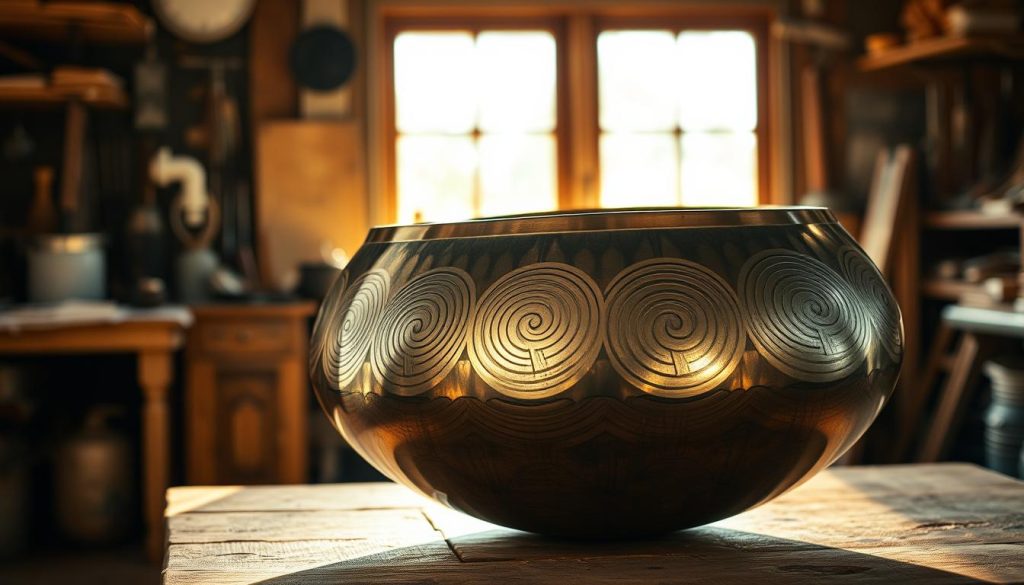 A close-up of a beautifully crafted handpan from the first generation, showcasing its unique steel surface with harmonious swirling patterns and deep, resonant dimples. The instrument rests on a rustic wooden table, illuminated by soft, natural light flowing in from a nearby window, casting gentle shadows that highlight its curves. In the background, an artist's workshop is subtly blurred, filled with tools and materials, hinting at the craftsmanship behind the handpan's creation. The atmosphere is warm and inviting, evoking a sense of both history and evolution in musical innovation. The image captures the beauty and artistry of the handpan, reflecting its origins and significance in the world of music, creating a serene and contemplative mood. A close-up of a beautifully crafted handpan from the first generation, showcasing its unique steel surface with harmonious swirling patterns and deep, resonant dimples. The instrument rests on a rustic wooden table, illuminated by soft, natural light flowing in from a nearby window, casting gentle shadows that highlight its curves. In the background, an artist's workshop is subtly blurred, filled with tools and materials, hinting at the craftsmanship behind the handpan's creation. The atmosphere is warm and inviting, evoking a sense of both history and evolution in musical innovation. The image captures the beauty and artistry of the handpan, reflecting its origins and significance in the world of music, creating a serene and contemplative mood.