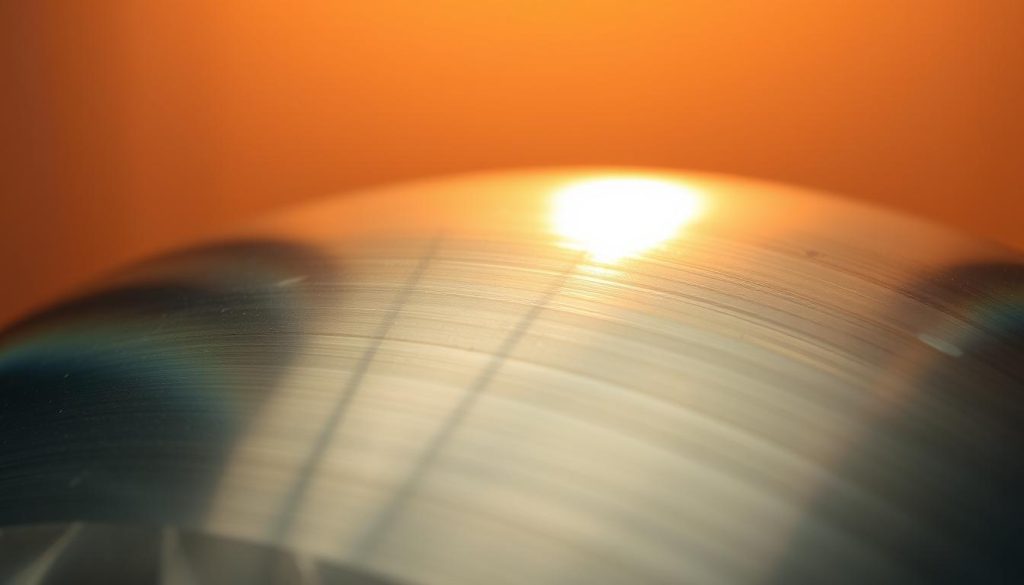 A close-up view of a handpan made from high-quality nitrided steel, showcasing its intricate design and smooth finish. In the foreground, focus on the reflective surface of the handpan, highlighting the fine details, ridges, and tonal grooves. The background features a soft gradient of warm colors to create an inviting atmosphere, reminiscent of a serene music studio. Soft, diffused lighting illuminates the handpan from a slight angle, enhancing its metallic sheen. A gentle bokeh effect blurs the background to keep attention on the instrument. The mood is calm and artistic, evoking feelings of relaxation and creativity, ideal for discussing materials and craftsmanship.