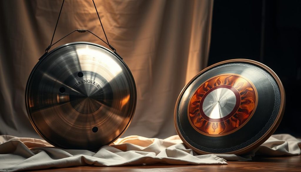 A detailed comparison of a Hang and a handpan, emphasizing their physical differences. In the foreground, showcase a Hang, with its distinct dome shape, resonator holes, and a stunning brushed metal finish, glinting subtly in natural light. Next to it, place a handpan, showcasing its more curvature and slightly larger size, with intricate designs and a rich, vibrant color palette. Both instruments should be positioned on a wooden surface, surrounded by a soft, blurred fabric to create a warm, inviting atmosphere. In the background, softly lit studio lights illuminate the scene, creating gentle shadows that enhance the textures of the instruments. The overall mood should feel artistic and contemplative, reflecting the beauty of these musical instruments without distractions.