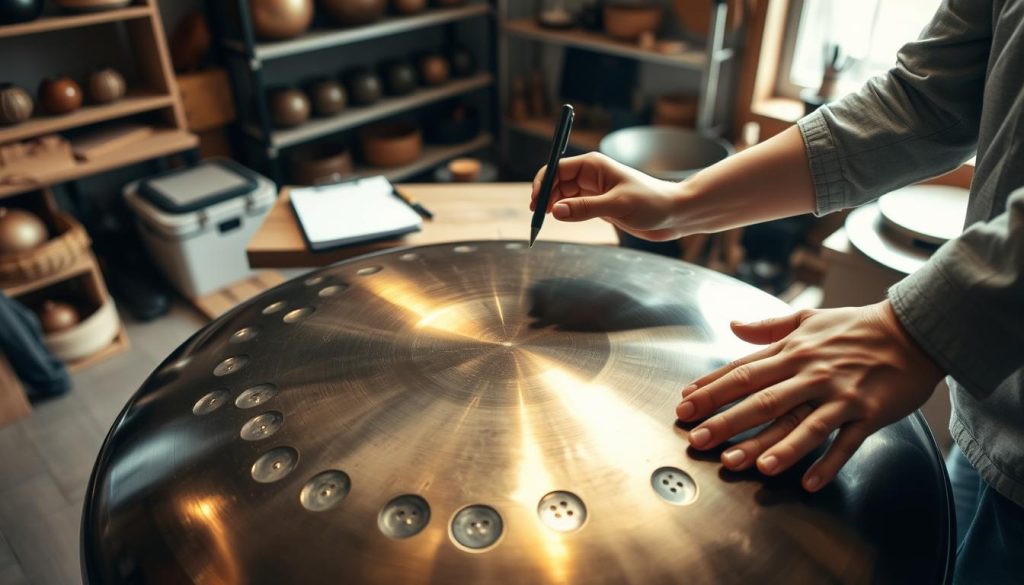 A high-quality handpan test setup in a cozy, well-lit workshop environment. In the foreground, a polished handpan gleams under soft, diffused natural light, showcasing its intricate dimples and vibrant metallic finish. A pair of hands, wearing simple yet professional attire, gently strikes the instrument, creating an inviting atmosphere of exploration and learning. In the middle ground, a small wooden table holds a notebook and pen, indicating a quality assessment process. The background features shelves lined with various handpan models and tools, enhancing the artisanal feel. The scene captures a warm, inviting mood, perfect for beginners learning to evaluate handpan quality in just a few minutes. The angle is slightly elevated, focusing on the handpan while providing a glimpse of the workshop's craftsmanship.