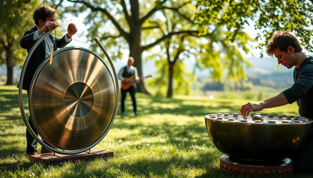 A serene outdoor setting showcasing two distinct musical instruments: a Hang and a handpan. In the foreground, a person dressed in smart casual attire is gently playing the Hang, with their hands gracefully positioned on the instrument, highlighting its curved design and unique tonal quality. In the middle ground, another musician is experimenting with a handpan, displaying the instrument's circular shape and polished surface. Bright, soft natural lighting filters through the trees, creating gentle dappled shadows on the grass. In the background, a blurred landscape of lush greenery and distant hills conveys a peaceful atmosphere, inviting curiosity about the sounds of these instruments. The image captures the essence of musical exploration and the differences between the Hang and handpan in practice.