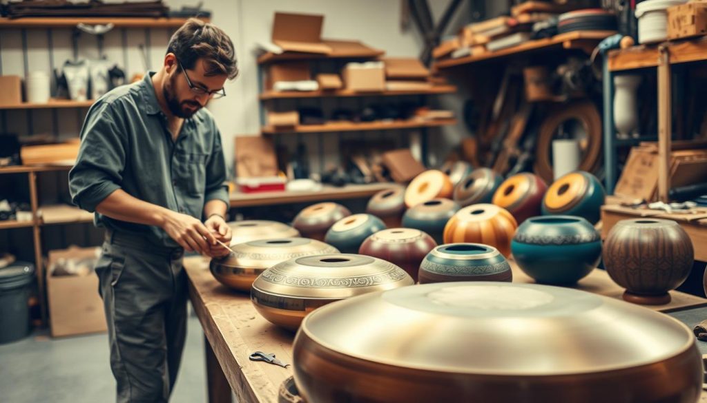 A serene workshop scene featuring a skilled artisan crafting a handpan. In the foreground, the artisan is focused on shaping the instrument, wearing modest casual clothing and protective gear, showcasing meticulous attention to detail. The middle layer includes a variety of finished handpans displayed on a workbench, each with unique colors and designs, emphasizing the diversity of manufacturers after PANArt. In the background, shelves overflow with tools and materials, hinting at the evolution of handpan construction. The lighting is warm and inviting, casting soft shadows that accentuate the craftsmanship, while the angle captures both the artisan's concentration and the intricate design of the instruments, creating a harmonious and inspiring atmosphere. A serene workshop scene featuring a skilled artisan crafting a handpan. In the foreground, the artisan is focused on shaping the instrument, wearing modest casual clothing and protective gear, showcasing meticulous attention to detail. The middle layer includes a variety of finished handpans displayed on a workbench, each with unique colors and designs, emphasizing the diversity of manufacturers after PANArt. In the background, shelves overflow with tools and materials, hinting at the evolution of handpan construction. The lighting is warm and inviting, casting soft shadows that accentuate the craftsmanship, while the angle captures both the artisan's concentration and the intricate design of the instruments, creating a harmonious and inspiring atmosphere.