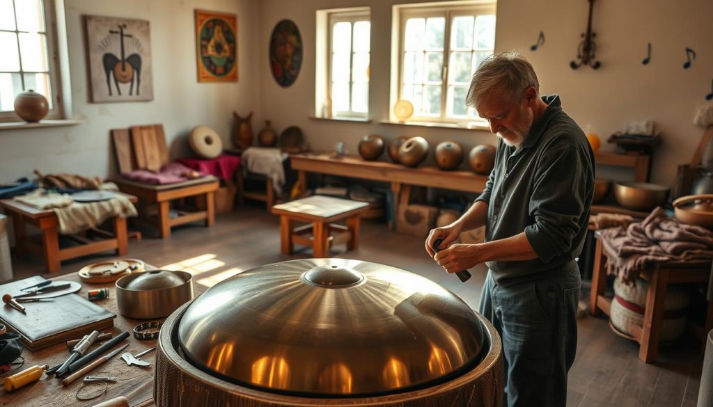 A serene workshop scene showcasing a skilled artisan crafting a handpan in France. In the foreground, the artisan, dressed in modest casual clothing, is meticulously tuning a gleaming, handcrafted handpan with various tools scattered around. The middle ground features a well-organized workspace, highlighting wooden benches, vibrant fabrics, and partially completed handpans. The background includes windows with sunlight streaming in, casting soft, warm light across the scene, creating an inviting atmosphere. The walls are decorated with handpan artwork and musical notes, conveying a sense of creativity and craftsmanship. Overall, the image reflects a dedication to quality and local artistry, emphasizing the beauty and care involved in creating French handpans.