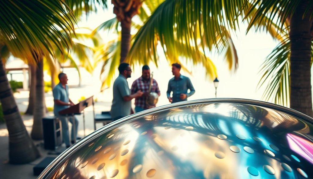 A vibrant steel pan, gleaming under soft, warm lighting, sits prominently in the foreground, showcasing its beautifully curved, metal surface with pronounced dimples reflecting a spectrum of colors. Surrounding the instrument, a lush tropical setting evokes the essence of Trinidad, with palm trees framing the scene and hints of a sandy beach in the background. In the middle ground, musicians in casual, professional attire engage with the steel pan, immersed in a joyful jam session. The composition features a lively atmosphere, with sunlight filtering through the leaves, creating dappled shadows. Capture the essence of the instrument's origins and its cultural significance, emphasizing its unique craftsmanship and the harmony it creates in an inviting environment. A vibrant steel pan, gleaming under soft, warm lighting, sits prominently in the foreground, showcasing its beautifully curved, metal surface with pronounced dimples reflecting a spectrum of colors. Surrounding the instrument, a lush tropical setting evokes the essence of Trinidad, with palm trees framing the scene and hints of a sandy beach in the background. In the middle ground, musicians in casual, professional attire engage with the steel pan, immersed in a joyful jam session. The composition features a lively atmosphere, with sunlight filtering through the leaves, creating dappled shadows. Capture the essence of the instrument's origins and its cultural significance, emphasizing its unique craftsmanship and the harmony it creates in an inviting environment.