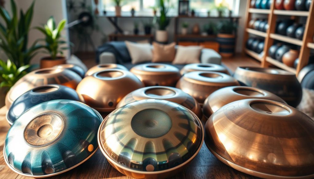 A beautifully arranged display of various handpans showcasing alternative scales inspired by the Kurdish mode. In the foreground, a wooden table features handpans in rich, vibrant colors like deep blue, earthy green, and warm copper. Each handpan reflects the unique craftsmanship and intricate details of its surface, with soft, illuminated highlights that glimmer under a natural light source. In the middle ground, a cozy room setting hints at a serene space with plants and soft pillows, creating an inviting atmosphere. In the background, soft-focus shelves lined with more handpan varieties blend into a warm, welcoming environment. The scene conveys an atmosphere of exploration and musical creativity, capturing the essence of alternative musical expressions beyond the Kurdish scale. A beautifully arranged display of various handpans showcasing alternative scales inspired by the Kurdish mode. In the foreground, a wooden table features handpans in rich, vibrant colors like deep blue, earthy green, and warm copper. Each handpan reflects the unique craftsmanship and intricate details of its surface, with soft, illuminated highlights that glimmer under a natural light source. In the middle ground, a cozy room setting hints at a serene space with plants and soft pillows, creating an inviting atmosphere. In the background, soft-focus shelves lined with more handpan varieties blend into a warm, welcoming environment. The scene conveys an atmosphere of exploration and musical creativity, capturing the essence of alternative musical expressions beyond the Kurdish scale.