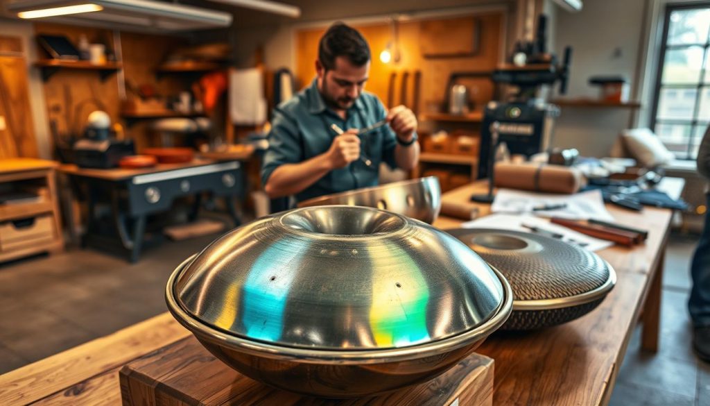 A beautifully crafted handpan and tongue drum sit elegantly on a wooden workbench, showcasing intricate details of their fabrication process. The foreground features close-up shots of the metallic surface of the handpan, revealing its polished finish and vibrant colors, alongside the textured surface of the tongue drum. In the middle, a skilled artisan meticulously tunes the handpan with specialized tools, wearing professional attire. The background captures a workshop filled with warm, ambient lighting, emphasizing the craftsmanship behind these instruments. Tools and blueprints are scattered on the bench, suggesting a creative and dynamic environment. The mood is focused and serene, highlighting the artistry and dedication required for the fabrication and tuning process, with a soft, inviting atmosphere.
