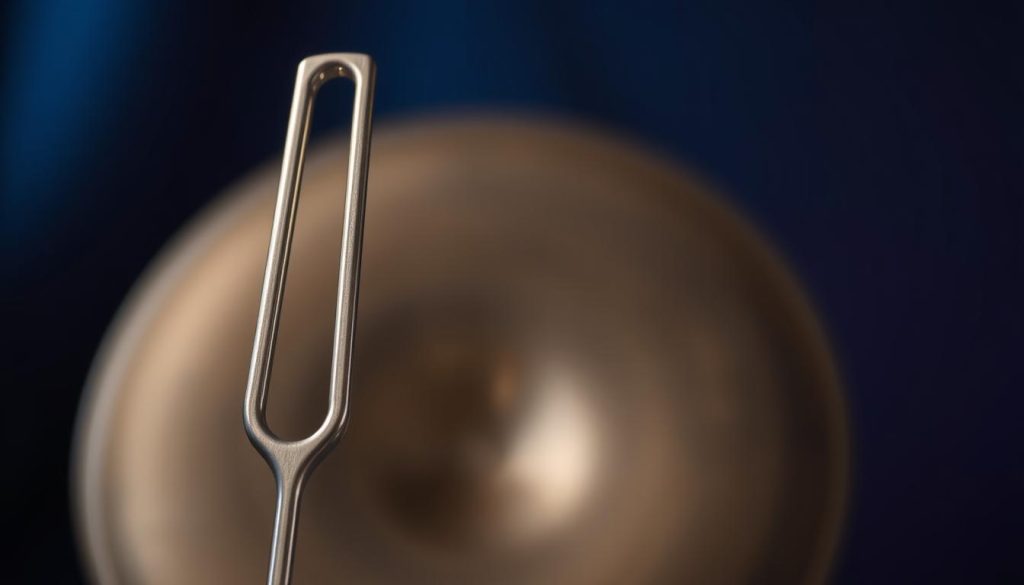 A close-up of a finely crafted tuning fork made of polished metal, symbolizing the pitch standard in Western music. In the foreground, the tuning fork is elegantly positioned at a slight angle, catching soft, natural light that highlights its reflective surface. The middle ground features a blurred handpan, harmoniously blending in, showcasing its unique curves and textures, as it relates to the discussion of tuning frequencies like 432 Hz and 440 Hz. The background presents a subtle gradient of deep blues and purples, evoking a serene musical atmosphere. The overall mood is thoughtful and introspective, aimed at conveying the essence of musical harmony and the evolution of tuning reference in Western music. The composition should possess a balanced, aesthetically pleasing quality, inviting viewers to reflect on the significance of pitch in music.