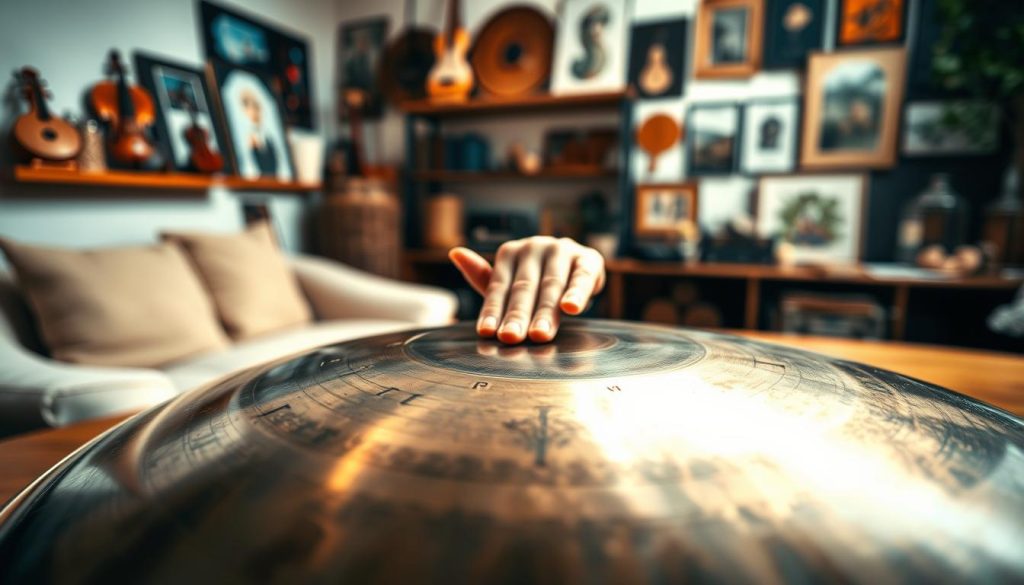 A close-up view of a beautifully crafted handpan in the foreground, displaying intricate details of its curved surface and resonant notes. The handpan is positioned on a wooden table, with soft, warm lighting casting gentle shadows, highlighting the metal's sheen. In the middle ground, a pair of hands lightly touches the handpan, fingers poised gracefully above the notes, as if preparing to play. In the background, a cozy room setting with soft, diffused light, featuring a shelf lined with various musical instruments and art, creating an inviting atmosphere. The overall mood is serene and contemplative, evoking a sense of harmony and the joy of music. The composition's focal point is the handpan, symbolizing cultural richness and artistry. A close-up view of a beautifully crafted handpan in the foreground, displaying intricate details of its curved surface and resonant notes. The handpan is positioned on a wooden table, with soft, warm lighting casting gentle shadows, highlighting the metal's sheen. In the middle ground, a pair of hands lightly touches the handpan, fingers poised gracefully above the notes, as if preparing to play. In the background, a cozy room setting with soft, diffused light, featuring a shelf lined with various musical instruments and art, creating an inviting atmosphere. The overall mood is serene and contemplative, evoking a sense of harmony and the joy of music. The composition's focal point is the handpan, symbolizing cultural richness and artistry.