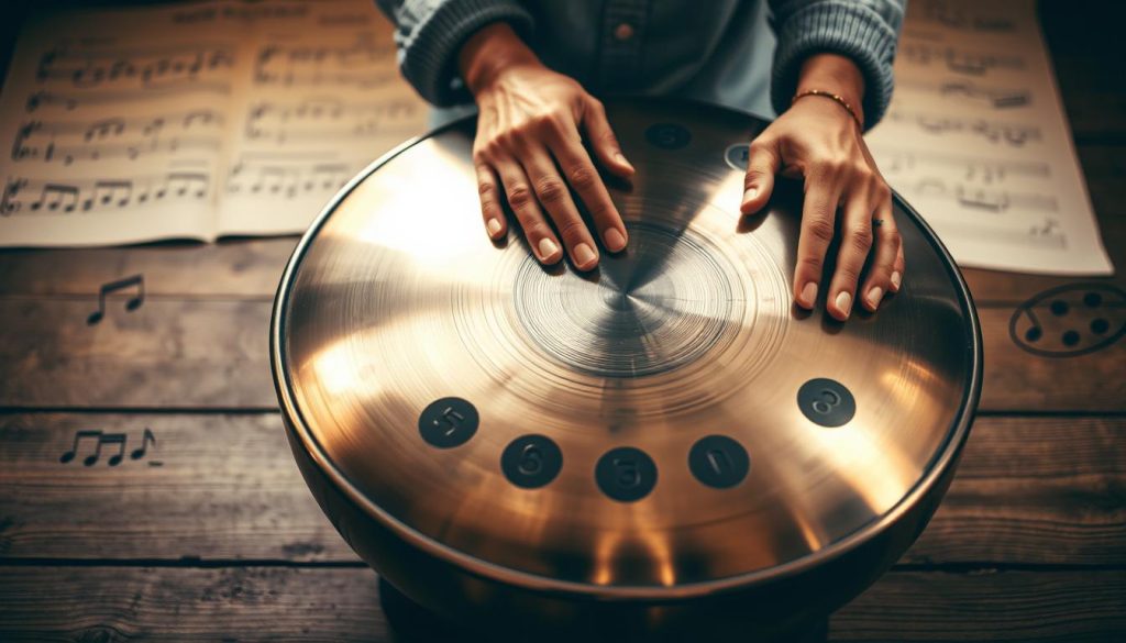 A close-up view of a beautifully crafted handpan, showcasing its intricate notes and tonal variations. The handpan sits on a rustic wooden table, illuminated by soft, warm light that enhances its polished, metallic surface, highlighting the precision of its hand-tuned notes. In the background, faint outlines of musical scores and diagrams create a harmonious ambiance, suggesting a deep connection to music theory. A pair of hands, dressed in modest casual attire, gently explores the handpan’s surface, inviting viewers to imagine the sounds it produces. The composition exudes a calming atmosphere, reflecting the enticing journey of discovering music and sound. Capture this scene with a shallow depth of field to emphasize the handpan while softening the background details, evoking a sense of focus and serenity. A close-up view of a beautifully crafted handpan, showcasing its intricate notes and tonal variations. The handpan sits on a rustic wooden table, illuminated by soft, warm light that enhances its polished, metallic surface, highlighting the precision of its hand-tuned notes. In the background, faint outlines of musical scores and diagrams create a harmonious ambiance, suggesting a deep connection to music theory. A pair of hands, dressed in modest casual attire, gently explores the handpan’s surface, inviting viewers to imagine the sounds it produces. The composition exudes a calming atmosphere, reflecting the enticing journey of discovering music and sound. Capture this scene with a shallow depth of field to emphasize the handpan while softening the background details, evoking a sense of focus and serenity.