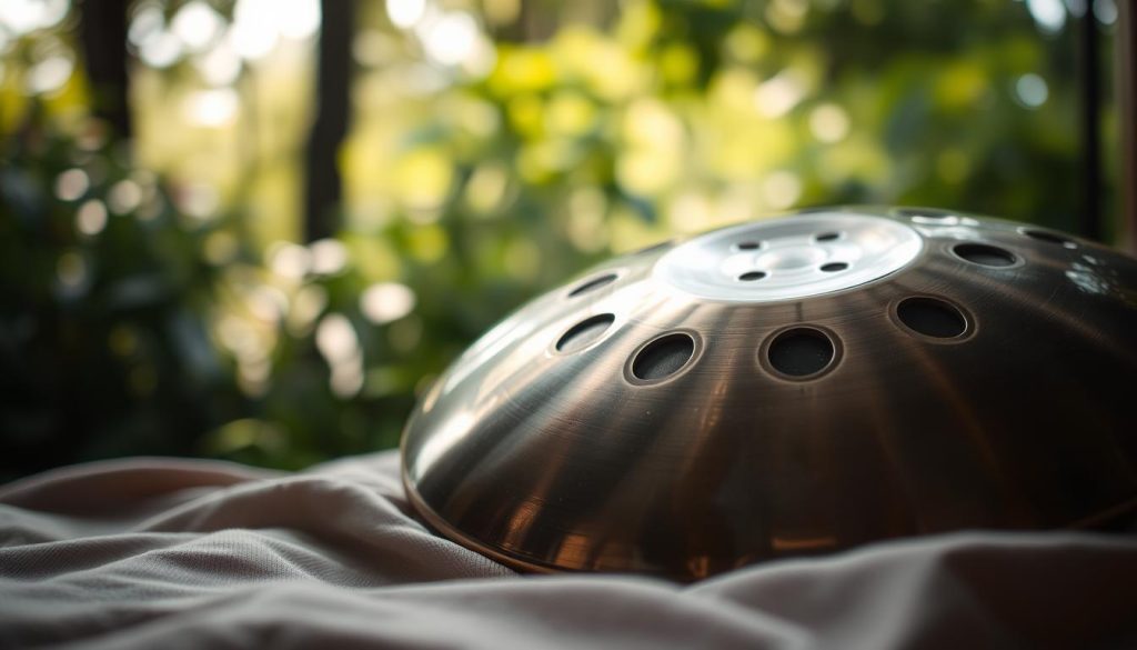 A close-up view of a handpan with 10 notes, showcasing its unique domed shape and metallic sheen. The foreground features the handpan resting on a soft, textured fabric surface, highlighting its intricate detailing and note layout. In the middle ground, soft ambient lighting illuminates the handpan, creating gentle reflections that enhance its lustrous finish. The background is blurred, with hints of a serene outdoor setting, such as lush greenery and soft, dappled sunlight filtering through trees, evoking a calm and peaceful atmosphere. The composition should evoke a sense of harmony and balance, focusing on the handpan as the centerpiece, embodying the ideal blend of musical possibilities and simplicity.