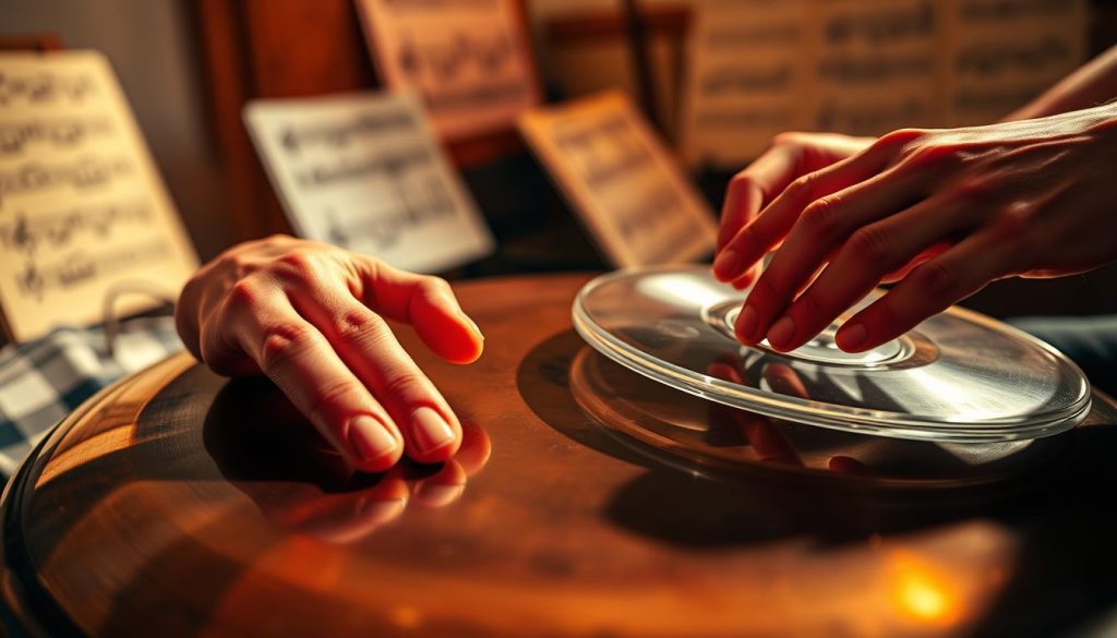 A close-up view of skilled hands and fingers playing a handpan and a tongue drum, showcasing various techniques such as tapping, sliding, and striking. The foreground features a vibrant, polished handpan reflecting soft light, while a clear tongue drum is positioned beside it, capturing subtle shadows. The middle ground includes a softly blurred background of a cozy, warm room with natural wooden textures and faintly visible music sheets. The lighting is warm and inviting, suggesting an intimate atmosphere for musical exploration. The composition emphasizes the beauty of the instruments and the dexterity of the player's hands, conveying a sense of creativity and artistic expression in music.