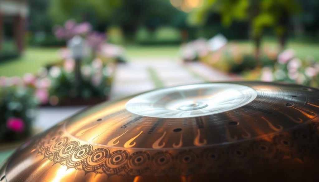 A detailed close-up of a beautifully crafted handpan featuring 12 distinct notes, showcasing intricate tessitura patterns etched into the surface. The handpan is centered in the foreground, with a soft, warm light illuminating its polished, metallic finish, highlighting the curves and textures. In the middle ground, a serene, natural setting, perhaps a lush garden or a tranquil park, enhances the peacefulness associated with handpan music. The background is softly blurred, with gentle bokeh effects, creating a harmonious atmosphere. The mood is calming and inviting, reflecting a sense of connection with the music. Use a shallow depth of field to keep the focus on the handpan. Capture this scene from a slightly elevated angle, emphasizing the beauty and craftsmanship of the instrument.