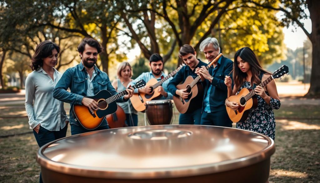 A harmonious gathering of musicians playing various instruments outdoors, focusing on a handpan in the foreground, with two musicians skilled in modern attire, showing diverse styles (one in a relaxed casual outfit, the other in a smart casual look). In the middle, diverse instruments like a guitar, cajón, and flute surround the handpan, symbolizing compatibility. The background is a soft focus of a serene park setting with trees and gentle sunlight filtering through the leaves, creating a warm, inviting atmosphere. The scene captures a sense of connection and collaboration, showcasing the joy of making music together, with soft diffused lighting enhancing the tranquil mood, shot from a slightly elevated angle to encompass the gathering.