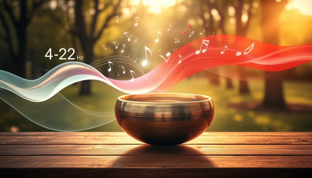 A harmonious scene illustrating the contrast between the timbres of handpan music tuned to 432 Hz and 440 Hz. In the foreground, a beautifully crafted handpan rests on a wooden surface, with soft, warm lighting reflecting off its smooth, metallic surface. Surrounding the handpan, ethereal sound waves visually emanate, transitioning from gentle, flowing patterns in soothing pastel colors representing 432 Hz, to sharp, vibrant waves in bright hues indicating 440 Hz. In the middle ground, abstract musical notes and symbols float, blending the two frequencies together. The background features a serene environment, with soft, natural light filtering through trees, creating an inviting and peaceful atmosphere. The overall mood is tranquil yet dynamic, encapsulating the essence of sound perception and texture in music.