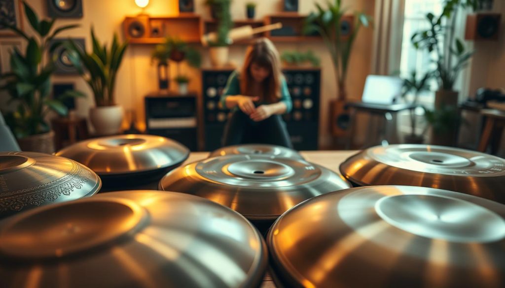 A serene, atmospheric image showcasing various bottom notes handpans arranged artfully on a wooden table. The foreground features close-up views of handpans, emphasizing their intricate designs and varying colors, such as deep blues, rich greens, and sparkling metallic tones. In the middle ground, a pair of hands gently plays one of the handpans, capturing the elegance of the instrument in motion. The background reveals a cozy, softly lit music studio adorned with plants and acoustic elements, enhancing the peaceful ambiance. The lighting is warm and inviting, with gentle highlights illuminating the curves of the handpans, creating a tranquil and inspiring mood. The angle is slightly above eye level, providing a comprehensive view of the handpans' unique shapes and musical capabilities.