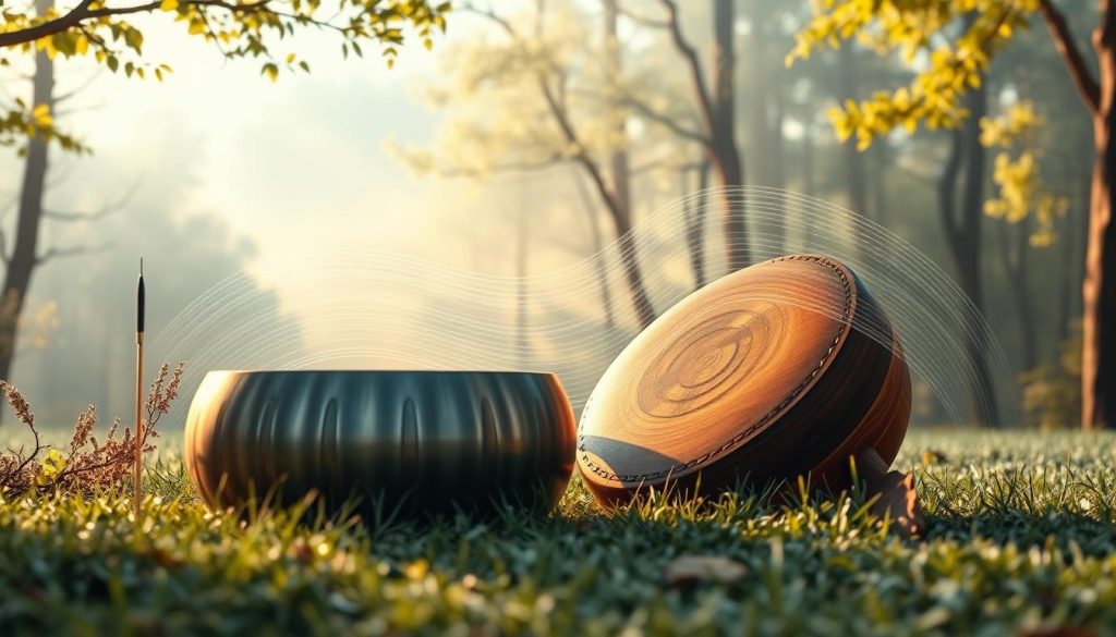 A serene, ethereal landscape depicting the concept of "sonorité," featuring a handpan and a tongue drum harmoniously placed in the foreground. The handpan, crafted from shimmering steel, reflects soft ambient light, while the tongue drum, made of vibrant wood, adds warmth to the scene. In the middle ground, gentle waves of sound visualizations ripple outward, represented by swirling colors and delicate patterns, evoking a sense of clarity and meditative calm. The background showcases a misty forest, frosted with morning dew and bathed in golden sunlight filtering through the leaves. The atmosphere is tranquil and inviting, with a focus on the magical resonance of these instruments. Use soft focus with a wide-angle lens to create a dreamy effect, highlighting the connection between sound and nature.