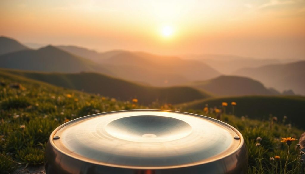 A serene, ethereal landscape featuring a handpan beautifully crafted from polished metal in the foreground, reflecting sunlight. The handpan emits subtle sound waves symbolizing the frequency 432 Hz, visualized as gentle ripples in the air. In the middle ground, lush green hills resonate with harmony, dotted with wildflowers that evoke a sense of natural beauty. In the background, a soft, majestic sunrise casts warm, golden light across the scene, creating an atmosphere of tranquility and peace. The sky is a gradient of soft pastels, enhancing the ethereal feel of the moment. Capture this scene with a soft focus lens effect, adding depth to the composition while maintaining a calm and harmonious mood throughout the image.