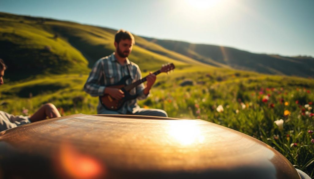 A serene handpan set in a natural environment, capturing the essence of a Kurdish musical scale. In the foreground, a beautifully crafted handpan shines under soft, golden sunlight, showcasing its curvature and intricate patterns. The middle ground features a musician in modest casual attire, fully engaged in playing the handpan, with a look of deep concentration and joy. Surrounding them is a lush, green landscape with gentle hills and colorful flowers, adding a tranquil atmosphere. In the background, a clear blue sky contributes to the peaceful setting. The lighting is warm and inviting, enhancing the organic textures and colors of the handpan and the vibrant nature around it. The overall mood conveys harmony, cultural richness, and the joy of musical expression. A serene handpan set in a natural environment, capturing the essence of a Kurdish musical scale. In the foreground, a beautifully crafted handpan shines under soft, golden sunlight, showcasing its curvature and intricate patterns. The middle ground features a musician in modest casual attire, fully engaged in playing the handpan, with a look of deep concentration and joy. Surrounding them is a lush, green landscape with gentle hills and colorful flowers, adding a tranquil atmosphere. In the background, a clear blue sky contributes to the peaceful setting. The lighting is warm and inviting, enhancing the organic textures and colors of the handpan and the vibrant nature around it. The overall mood conveys harmony, cultural richness, and the joy of musical expression.