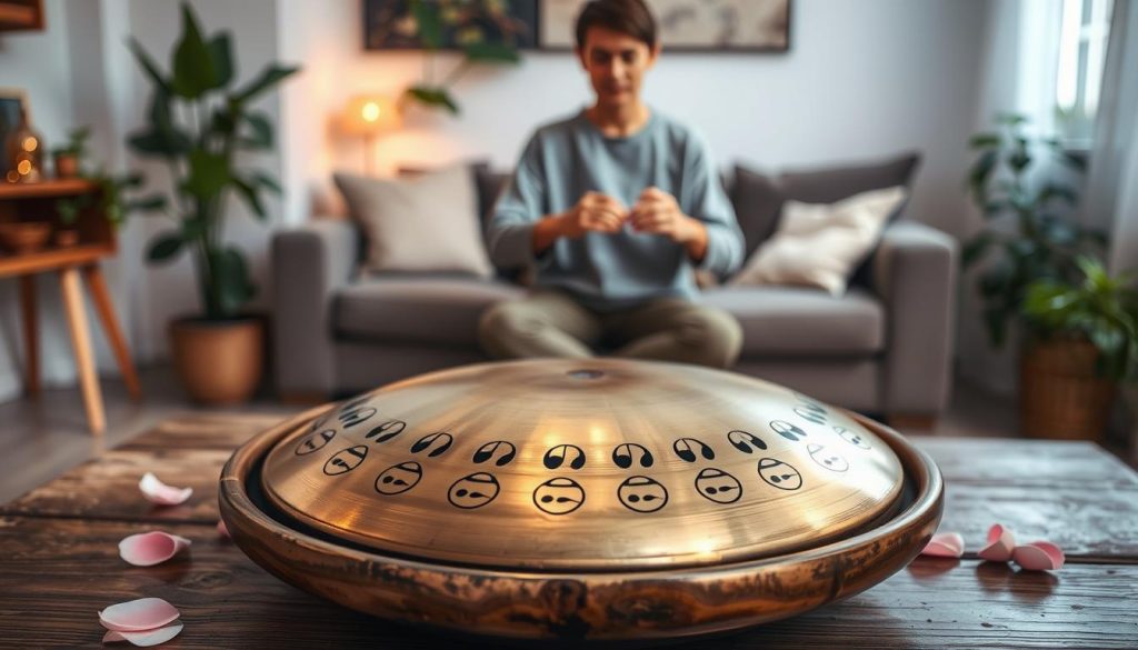 A serene indoor setting featuring a beautifully crafted handpan, showcasing various intricate notes and scales. In the foreground, the handpan sits atop a rustic wooden table, with its polished surface reflecting soft ambient light. Surrounding it are delicate rose petals, symbolizing harmony and musicality. In the middle ground, a gentle musician dressed in casual, modest attire plays the handpan, creating a tranquil atmosphere. The background has soft blurred elements of a cozy living space, with plants and warm lighting that evoke a sense of peace and relaxation. The overall mood is inviting and calming, visually representing the sensations and notes associated with a beginner handpan. A serene indoor setting featuring a beautifully crafted handpan, showcasing various intricate notes and scales. In the foreground, the handpan sits atop a rustic wooden table, with its polished surface reflecting soft ambient light. Surrounding it are delicate rose petals, symbolizing harmony and musicality. In the middle ground, a gentle musician dressed in casual, modest attire plays the handpan, creating a tranquil atmosphere. The background has soft blurred elements of a cozy living space, with plants and warm lighting that evoke a sense of peace and relaxation. The overall mood is inviting and calming, visually representing the sensations and notes associated with a beginner handpan.