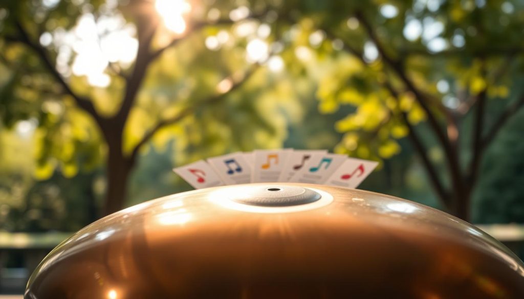 A serene, inviting setup featuring a beginner’s handpan with a choice of diverse notes arranged visually around it. In the foreground, the handpan gleams softly under warm, diffused lighting, showcasing its elegant curves and various note areas beautifully. In the middle ground, a close-up view of colorful note stickers or markings can be seen, hinting at the different tones that can be produced. The background features a softly blurred outdoor scene, with green trees and sunlight filtering through leaves, creating a tranquil atmosphere. The overall mood is uplifting and inspiring, emphasizing creativity and exploration in music, aimed at beginners. The composition should be shot from a slight upward angle, using a shallow depth of field to highlight the handpan and notes. A serene, inviting setup featuring a beginner’s handpan with a choice of diverse notes arranged visually around it. In the foreground, the handpan gleams softly under warm, diffused lighting, showcasing its elegant curves and various note areas beautifully. In the middle ground, a close-up view of colorful note stickers or markings can be seen, hinting at the different tones that can be produced. The background features a softly blurred outdoor scene, with green trees and sunlight filtering through leaves, creating a tranquil atmosphere. The overall mood is uplifting and inspiring, emphasizing creativity and exploration in music, aimed at beginners. The composition should be shot from a slight upward angle, using a shallow depth of field to highlight the handpan and notes.