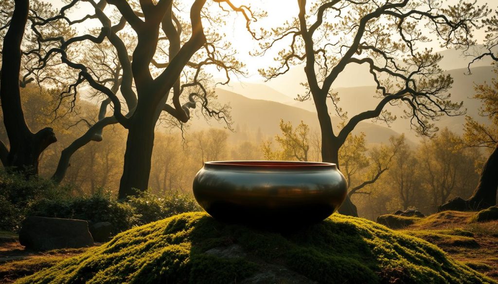 A serene landscape depicting a handpan set in an ancient, misty Celtic forest. In the foreground, a beautifully crafted handpan rests on a moss-covered stone, shimmering with deep, rich colors reminiscent of the Celtic Minor scale. The middle ground reveals tall, ethereal trees with twisting branches, their leaves whispering in a gentle breeze. Soft beams of golden sunlight filter through the foliage, casting dappled light on the ground. In the background, rolling hills are shrouded in a faint mist, enhancing the mystical atmosphere. The scene evokes a sense of peace and introspection, perfect for illustrating the themes of musical harmony and cultural depth. The image should be captured with a soft focus, emphasizing the handpan while creating an enchanting ambience. A serene landscape depicting a handpan set in an ancient, misty Celtic forest. In the foreground, a beautifully crafted handpan rests on a moss-covered stone, shimmering with deep, rich colors reminiscent of the Celtic Minor scale. The middle ground reveals tall, ethereal trees with twisting branches, their leaves whispering in a gentle breeze. Soft beams of golden sunlight filter through the foliage, casting dappled light on the ground. In the background, rolling hills are shrouded in a faint mist, enhancing the mystical atmosphere. The scene evokes a sense of peace and introspection, perfect for illustrating the themes of musical harmony and cultural depth. The image should be captured with a soft focus, emphasizing the handpan while creating an enchanting ambience.