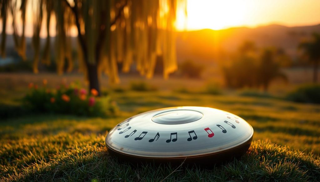 A serene outdoor setting at sunset, featuring a beginner-friendly handpan resting on a soft grassy patch. In the foreground, the handpan shines with its polished surface, displaying a harmonious arrangement of vibrant notes. The middle ground includes gently swaying trees and a few colorful flowers, evoking a sense of tranquility. In the background, the fading sun casts a warm golden hue over the landscape, creating a peaceful atmosphere. Soft bokeh effects blend into the background for a dreamy touch. The lighting is soft yet warm, perfect for creating a calming vibe, captured from a slightly elevated angle to emphasize the beauty of the handpan. The overall mood is inviting and encourages exploration of music in a joyful way, embodying the concept of easily accessible musical scales. A serene outdoor setting at sunset, featuring a beginner-friendly handpan resting on a soft grassy patch. In the foreground, the handpan shines with its polished surface, displaying a harmonious arrangement of vibrant notes. The middle ground includes gently swaying trees and a few colorful flowers, evoking a sense of tranquility. In the background, the fading sun casts a warm golden hue over the landscape, creating a peaceful atmosphere. Soft bokeh effects blend into the background for a dreamy touch. The lighting is soft yet warm, perfect for creating a calming vibe, captured from a slightly elevated angle to emphasize the beauty of the handpan. The overall mood is inviting and encourages exploration of music in a joyful way, embodying the concept of easily accessible musical scales.