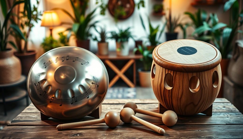 A vibrant, detailed comparison image showcasing a handpan and a tongue drum side by side. In the foreground, the handpan gleams with its metallic surface reflecting ambient light, displaying intricate note patterns. Next to it, the wooden tongue drum showcases its smooth, natural finish, emphasizing its unique cut-out tongues. In the middle ground, both instruments are placed on a rustic wooden table, surrounded by drum mallets positioned for easy access. The background features a softly blurred, cozy music room adorned with plants and warm lighting, creating an inviting atmosphere. The overall mood is harmonious and creative, inviting the viewer to explore the differences in sound, playability, pricing, and uses of these two unique percussion instruments.