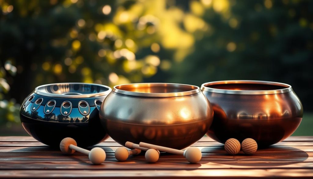 A vivid depiction of a handpan showcasing three types of models: a 9-note, a 10-note, and a 12-note handpan arranged gracefully in the foreground. The handpans should be intricately detailed, highlighting their unique shapes and textures, with each model reflecting a rich variety of colors and finishes, such as deep blues, warm golds, and shimmering metallics. In the middle ground, soft handpan mallets rest casually, inviting a sense of play. The background features a serene, softly lit natural setting with blurred greenery, emphasizing a calming and meditative atmosphere. The lighting is warm and gentle, casting soft shadows that enhance the craftsmanship of each handpan, while a slightly elevated angle captures the elegance of the instruments. The image evokes a sense of peace and musicality, perfect for exploring the nuances of handpan notes. A vivid depiction of a handpan showcasing three types of models: a 9-note, a 10-note, and a 12-note handpan arranged gracefully in the foreground. The handpans should be intricately detailed, highlighting their unique shapes and textures, with each model reflecting a rich variety of colors and finishes, such as deep blues, warm golds, and shimmering metallics. In the middle ground, soft handpan mallets rest casually, inviting a sense of play. The background features a serene, softly lit natural setting with blurred greenery, emphasizing a calming and meditative atmosphere. The lighting is warm and gentle, casting soft shadows that enhance the craftsmanship of each handpan, while a slightly elevated angle captures the elegance of the instruments. The image evokes a sense of peace and musicality, perfect for exploring the nuances of handpan notes.
