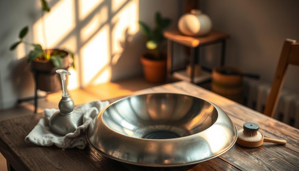 A beautifully arranged "Soin handpan" placed on a rustic wooden table, showcasing its intricate craftsmanship and metallic sheen. The handpan, with its harmonious, curved shape and soft, iridescent colors, sits in the foreground. Surrounding it are gentle cleaning supplies: a soft cloth, a natural polish, and a small brush, elegantly displayed to suggest maintenance and care. In the middle ground, a serene home environment with a cozy corner featuring warm, ambient lighting that creates a tranquil atmosphere. Soft shadows play across the scene, evoking a sense of peace and mindfulness in the art of handpan care. The background features a blurred view of a plant and natural light streaming through a window, enhancing the overall feeling of warmth and tranquility. A beautifully arranged "Soin handpan" placed on a rustic wooden table, showcasing its intricate craftsmanship and metallic sheen. The handpan, with its harmonious, curved shape and soft, iridescent colors, sits in the foreground. Surrounding it are gentle cleaning supplies: a soft cloth, a natural polish, and a small brush, elegantly displayed to suggest maintenance and care. In the middle ground, a serene home environment with a cozy corner featuring warm, ambient lighting that creates a tranquil atmosphere. Soft shadows play across the scene, evoking a sense of peace and mindfulness in the art of handpan care. The background features a blurred view of a plant and natural light streaming through a window, enhancing the overall feeling of warmth and tranquility.