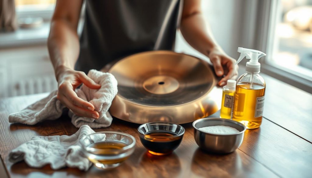 A beautifully composed scene showcasing a handpan being cleaned on a wooden table. In the foreground, a pair of hands gently holds the handpan, highlighting its intricate design and polished surface. The middle ground features various cleaning tools: a soft cloth, a small bowl of specially formulated oil, and a spritzer bottle with a gentle mist of cleaning solution. The background is softly blurred, revealing a serene workspace with natural light illuminating the scene, creating a warm and inviting atmosphere. The overall mood is calm and focused, conveying the importance of care and maintenance for this musical instrument. Use a shallow depth of field to emphasize the handpan and cleaning materials, ensuring a soft bokeh effect in the surroundings.