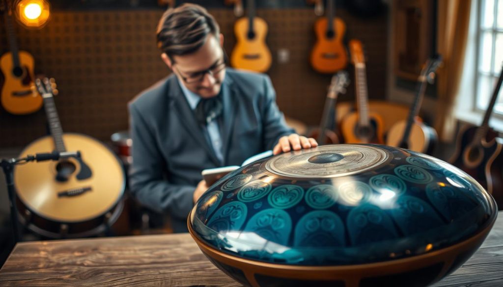 A beautifully crafted Avis handpan resting on a textured wooden surface, illuminated by soft, warm lighting from a nearby window. The handpan features intricate designs etched into its surface, showcasing a blend of deep blues and vibrant greens, reflecting its unique tone. In the middle ground, a professional individual in modest business attire is examining the handpan closely, their focused expression highlighting the importance of quality in purchasing. The background is softly blurred, hinting at a cozy music studio filled with acoustic instruments and soundproofing, creating an inviting atmosphere. The overall mood is one of contemplation and appreciation, emphasizing the significance of quality and service in selecting the right handpan.