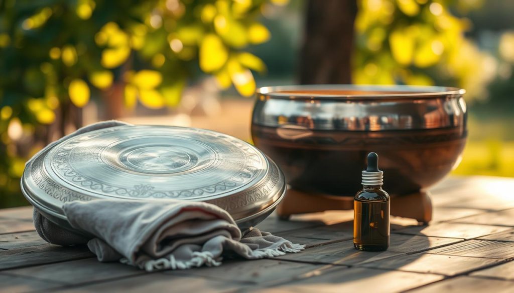 A beautifully crafted handpan resting on a wooden surface outdoors, surrounded by subtle protective items like a soft cloth and a small bottle of protective oil. In the foreground, the handpan gleams with a metallic sheen, showing its intricate designs and textures. The middle ground features the soft cloth and oil bottle, positioned artfully to emphasize their role in care and maintenance. The background captures a tranquil outdoor setting with blurred greenery and warm sunlight filtering through leaves, creating a serene atmosphere. Use soft, natural lighting to enhance the handpan's reflective surfaces and evoke a sense of peace and protection. The scene has a harmonious and nurturing mood, focusing on the importance of caring for musical instruments.