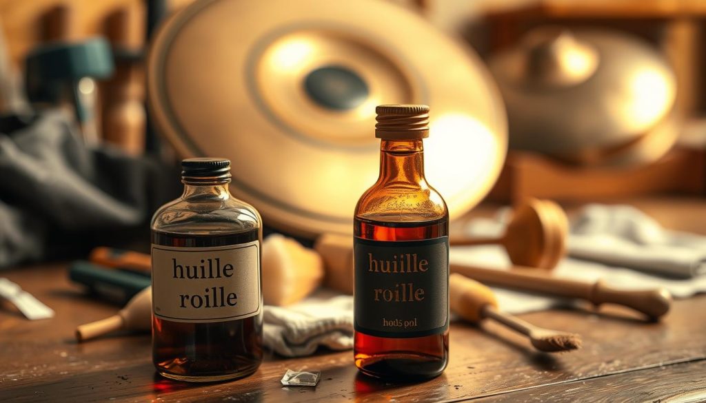 A close-up image of a small bottle of rust-inhibiting oil, labeled "huile rouille," placed on a wooden workbench scattered with handpan care tools. In the foreground, the bottle should be beautifully illuminated, highlighting the rich amber color of the oil, with reflections on the glass. In the middle, various handpan cleaning tools, such as cloths and brushes, should be arranged artfully, hinting at a preparation for maintenance. The background features a softly blurred handpan resting on a cloth, showcasing its intricate design and shiny surface. The lighting should be warm and inviting, evoking a sense of care and craftsmanship, with a focus on creating a professional and serene atmosphere. A close-up image of a small bottle of rust-inhibiting oil, labeled "huile rouille," placed on a wooden workbench scattered with handpan care tools. In the foreground, the bottle should be beautifully illuminated, highlighting the rich amber color of the oil, with reflections on the glass. In the middle, various handpan cleaning tools, such as cloths and brushes, should be arranged artfully, hinting at a preparation for maintenance. The background features a softly blurred handpan resting on a cloth, showcasing its intricate design and shiny surface. The lighting should be warm and inviting, evoking a sense of care and craftsmanship, with a focus on creating a professional and serene atmosphere.
