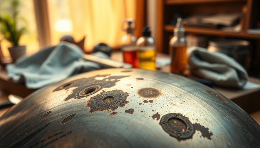 A close-up of a handpan displaying distinct rusty spots and discolorations on its metallic surface. The foreground features the handpan angled slightly for visibility of its contours, showcasing the intricate designs and the texture of the metal. In the middle, the surrounding context includes tools for maintenance, such as a soft cloth and a bottle of oil, subtly indicating the theme of care. The background is softly blurred, possibly a workshop or a cozy room with warm, natural lighting creating a welcoming atmosphere. The mood is reflective and calm, inviting the viewer to contemplate the restoration of musical instruments. The image should be crisp, with an emphasis on detail and texture, captured with a shallow depth of field to enhance the handpan as the focal point.
