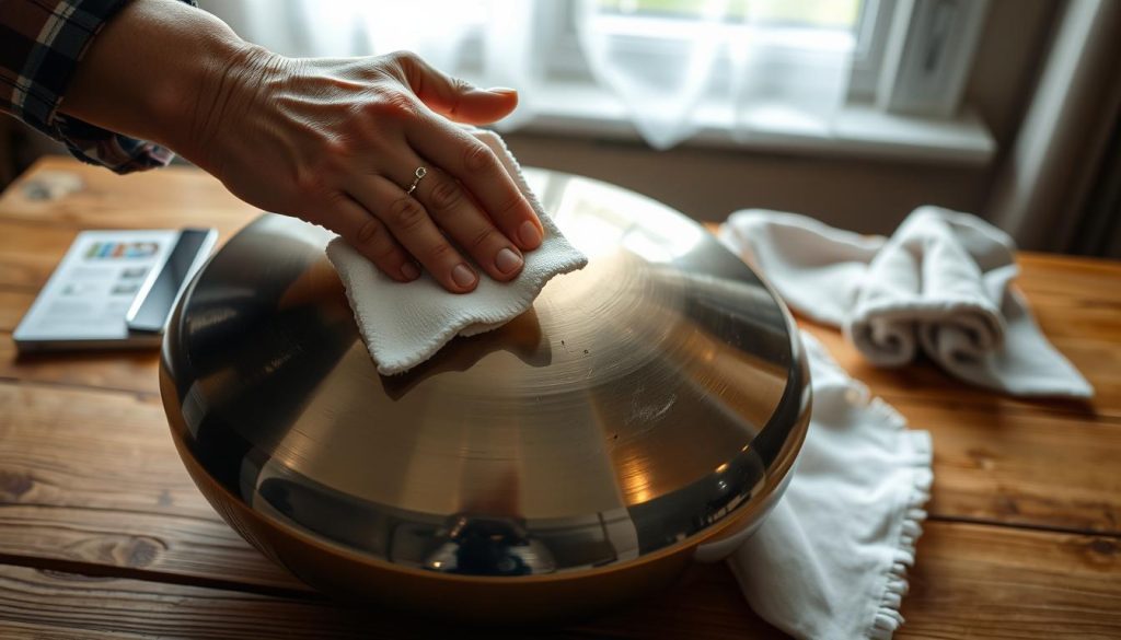 A close-up of a pair of hands gently cleaning a handpan with a microfibre cloth, focusing on the shiny surface of the musical instrument. The hands, wearing modest casual attire, delicately wipe away dust, with a slight sheen of light reflecting off the polished metal. In the background, a wooden table showcases a soft cloth for additional cleaning supplies, subtly lit with a warm, inviting atmosphere. Soft natural light filters in from a nearby window, creating a calm and organized workspace that suggests regular maintenance. The composition highlights the importance of care and routine, evoking a sense of mindfulness in instrument upkeep. A close-up of a pair of hands gently cleaning a handpan with a microfibre cloth, focusing on the shiny surface of the musical instrument. The hands, wearing modest casual attire, delicately wipe away dust, with a slight sheen of light reflecting off the polished metal. In the background, a wooden table showcases a soft cloth for additional cleaning supplies, subtly lit with a warm, inviting atmosphere. Soft natural light filters in from a nearby window, creating a calm and organized workspace that suggests regular maintenance. The composition highlights the importance of care and routine, evoking a sense of mindfulness in instrument upkeep.