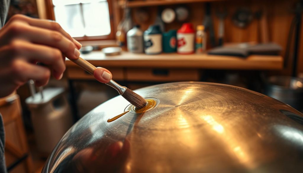 A close-up of a person applying a protective oil to a handpan, showcasing the careful technique involved. The foreground features a hand holding a small brush, delicately painting the surface of the beautifully crafted metallic instrument, highlighting the intricate details of its design. In the middle ground, the handpan gleams under warm, soft lighting, revealing the rich colors and patterns on its surface. The background is softly blurred, featuring a cozy wooden workshop with tools and oil cans subtly visible, enhancing the atmosphere of craftsmanship. The mood is serene and focused, inviting viewers to appreciate the art of handpan care. The image is captured from a slightly elevated angle, ensuring all details are prominently displayed without distractions.