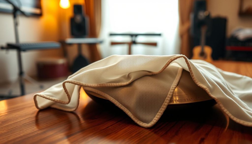 A close-up view of a beautiful, soft chiffon microfiber cloth, gently draped over a handpan nestled on a polished wooden surface. The fabric should showcase its delicate texture, with subtle light reflections catching the fibers, emphasizing its softness and utility in cleaning. In the background, a serene, well-lit room hints at a music studio ambiance, with soft shadows cast by warm lighting. The overall atmosphere should evoke a sense of tranquility and care, reflecting a post-session cleaning routine. Use a shallow depth of field to keep the focus on the cloth and handpan while softly blurring the background, creating an inviting, organized space for handpan maintenance. A close-up view of a beautiful, soft chiffon microfiber cloth, gently draped over a handpan nestled on a polished wooden surface. The fabric should showcase its delicate texture, with subtle light reflections catching the fibers, emphasizing its softness and utility in cleaning. In the background, a serene, well-lit room hints at a music studio ambiance, with soft shadows cast by warm lighting. The overall atmosphere should evoke a sense of tranquility and care, reflecting a post-session cleaning routine. Use a shallow depth of field to keep the focus on the cloth and handpan while softly blurring the background, creating an inviting, organized space for handpan maintenance.