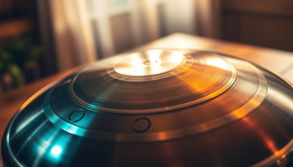 A close-up view of a beautifully crafted handpan with a unique structure and vivid metallic finishes. The handpan is positioned at the center of the image, showcasing its intricate dome shape and the carefully tuned notes along the surface. Soft, warm lighting highlights the reflective quality of the metal, creating a serene atmosphere. In the background, a blurred wooden table enhances the natural feel, suggesting a cozy, intimate setting for music-making. The focus is sharp on the handpan, emphasizing its craftsmanship, while a gentle bokeh effect subtly frames the edges of the image. The overall mood is calm and inviting, perfect for an informative piece about tuning and understanding this unique musical instrument.