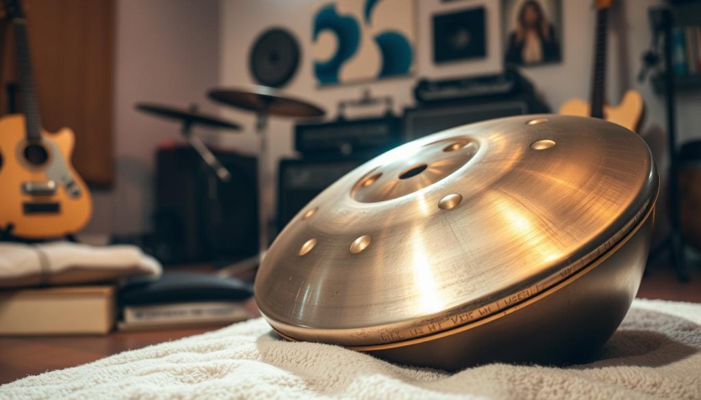 A close-up view of a dissonant handpan placed on a soft, wooden surface, highlighting its imperfections and unique features. The handpan, made of brushed steel, glistens under warm, diffuse lighting, casting gentle shadows that emphasize its curved shape and multiple notes. In the background, a blurred, cozy music studio with soft textures and organized musical instruments conveys a sense of calm and focus. The image captures a mood of concern but also determination, showing the handpan as a beautiful yet challenging instrument. A subtle lens flare adds warmth, while the angle is slightly tilted to create an engaging perspective. No text or distractions are present in the image.