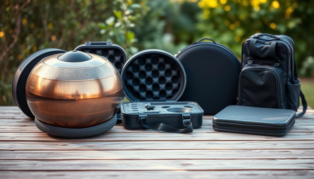 A stylish handpan surrounded by various protective cases designed for transport, placed on a wooden background. The foreground features a close-up of the handpan, showcasing its intricate surface patterns and metallic tones reflecting warm ambient light. In the middle ground, several types of handpan cases are arranged: a hard shell case with padded interiors, a soft gig bag, and a backpack-style carrier, each demonstrating their unique features. The background is softly blurred, suggesting an outdoor setting with hints of greenery, evoking a sense of adventure. The image should have natural lighting, creating a serene and inviting atmosphere, emphasizing the importance of protecting the instrument during travel. The composition should focus solely on the handpan and its protective cases, maintaining a clean, professional aesthetic.