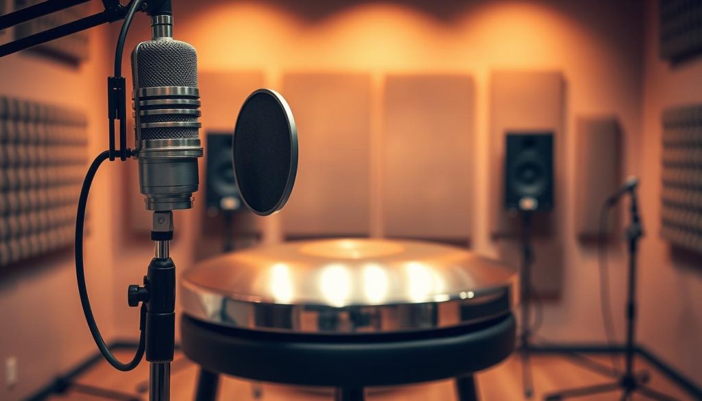 A beautifully composed scene featuring a professional audio setup for recording a handpan. In the foreground, a high-quality stereo microphone is positioned on a stand, capturing the essence of sound. The microphone features sleek metal detailing and an attached pop filter, with its cable neatly coiled beside it. In the middle ground, a polished wooden handpan is elegantly placed on a simple black stool, showcasing its unique contours and reflecting ambient light. The background features a softly blurred recording studio with soundproofing panels and acoustic foam, enhancing the atmospheric feel. Warm, diffused lighting casts a gentle glow over the setup, creating an inviting and professional ambiance. The overall mood is artistic and focused, perfect for conveying the idea of simple yet effective recording techniques for a beautiful sound. A beautifully composed scene featuring a professional audio setup for recording a handpan. In the foreground, a high-quality stereo microphone is positioned on a stand, capturing the essence of sound. The microphone features sleek metal detailing and an attached pop filter, with its cable neatly coiled beside it. In the middle ground, a polished wooden handpan is elegantly placed on a simple black stool, showcasing its unique contours and reflecting ambient light. The background features a softly blurred recording studio with soundproofing panels and acoustic foam, enhancing the atmospheric feel. Warm, diffused lighting casts a gentle glow over the setup, creating an inviting and professional ambiance. The overall mood is artistic and focused, perfect for conveying the idea of simple yet effective recording techniques for a beautiful sound.