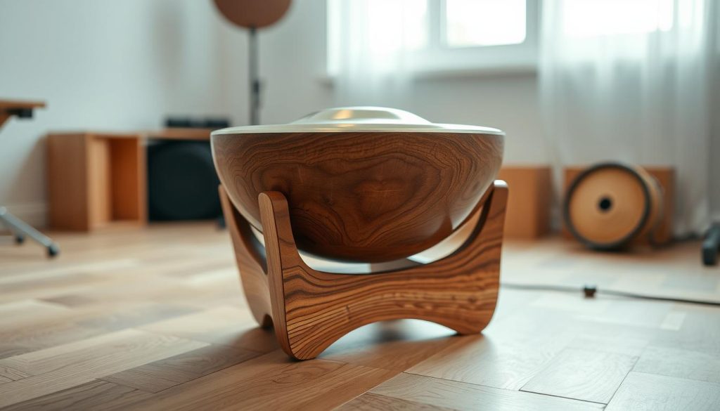 A beautifully crafted wooden handpan support made of beech wood, showcasing its rich, warm tones and intricate grain patterns in the foreground. The support stands on a stable rubber base, emphasizing functionality and durability. In the middle ground, a handpan rests elegantly atop the support, glistening under soft, diffused lighting that highlights its unique shape and metallic finish. The background features a subtle, blurred scene of a serene practice space, with soft natural light streaming through a nearby window, creating a calming atmosphere. The overall mood conveys craftsmanship, stability, and elegance, perfect for illustrating the impact of materials on musical instruments.