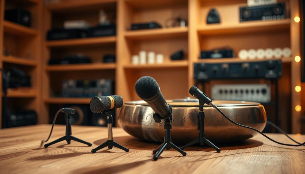 A close-up shot of a 'placer micros handpan' set on a wooden table in a softly lit studio environment. In the foreground, focus on the handpan's unique surface with intricate patterns reflecting light. A few high-quality small microphones are strategically placed around the handpan, with one positioned close to the surface aiming for optimal sound capture, while another is slightly further back. The middle ground should feature warm, ambient lighting that creates a cozy atmosphere, highlighting the metallic tones of the handpan. In the background, out-of-focus shelves with sound equipment and recording gear softly blurred to enhance the focus on the handpan and microphones. Capture a serene yet professional mood, suggesting the possibility of creating beautiful music through careful mic placement. A close-up shot of a 'placer micros handpan' set on a wooden table in a softly lit studio environment. In the foreground, focus on the handpan's unique surface with intricate patterns reflecting light. A few high-quality small microphones are strategically placed around the handpan, with one positioned close to the surface aiming for optimal sound capture, while another is slightly further back. The middle ground should feature warm, ambient lighting that creates a cozy atmosphere, highlighting the metallic tones of the handpan. In the background, out-of-focus shelves with sound equipment and recording gear softly blurred to enhance the focus on the handpan and microphones. Capture a serene yet professional mood, suggesting the possibility of creating beautiful music through careful mic placement.