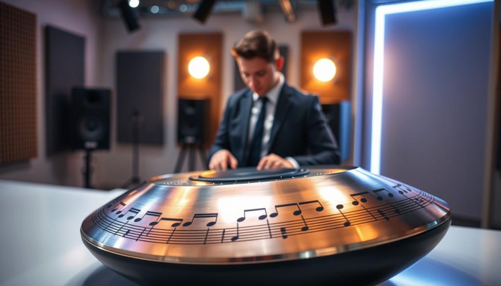 A close-up view of an electronic handpan with MIDI connectivity features prominently in the foreground, displaying its beautifully intricate notes and vibrant colors. The handpan is positioned on a sleek, modern surface that reflects ambient light. In the middle ground, a musician wearing professional attire is depicted focused on playing the instrument, immersed in the sound. Bright lighting highlights the handpan's metallic finish, casting soft shadows that evoke a serene atmosphere. The background features a blurred studio setting with LED lights and acoustic panels, creating a high-tech vibe that emphasizes the electronic aspect of the e-handpan. The overall mood is inspirational and professional, inviting viewers to explore the world of MIDI and electronic music. A close-up view of an electronic handpan with MIDI connectivity features prominently in the foreground, displaying its beautifully intricate notes and vibrant colors. The handpan is positioned on a sleek, modern surface that reflects ambient light. In the middle ground, a musician wearing professional attire is depicted focused on playing the instrument, immersed in the sound. Bright lighting highlights the handpan's metallic finish, casting soft shadows that evoke a serene atmosphere. The background features a blurred studio setting with LED lights and acoustic panels, creating a high-tech vibe that emphasizes the electronic aspect of the e-handpan. The overall mood is inspirational and professional, inviting viewers to explore the world of MIDI and electronic music.