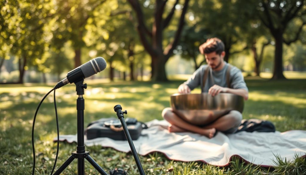 A cozy, outdoor setting capturing the essence of "nomadic recording" with a handpan. In the foreground, a portable recording setup features a quality microphone on a tripod, aimed at the handpan, which is set in a lush green park. The middle ground showcases a musician sitting cross-legged on a soft blanket, dressed in modest casual clothing, deeply engaged in playing the sleek, metallic handpan. In the background, gentle sunlight filters through the leaves of surrounding trees, creating a warm, inviting atmosphere. The scene is framed from a slightly elevated angle, highlighting the connection between the musician and the handpan while softly blurring the distant elements for focus. The mood is tranquil, emphasizing creative spontaneity and the joy of capturing moments in nature. A cozy, outdoor setting capturing the essence of "nomadic recording" with a handpan. In the foreground, a portable recording setup features a quality microphone on a tripod, aimed at the handpan, which is set in a lush green park. The middle ground showcases a musician sitting cross-legged on a soft blanket, dressed in modest casual clothing, deeply engaged in playing the sleek, metallic handpan. In the background, gentle sunlight filters through the leaves of surrounding trees, creating a warm, inviting atmosphere. The scene is framed from a slightly elevated angle, highlighting the connection between the musician and the handpan while softly blurring the distant elements for focus. The mood is tranquil, emphasizing creative spontaneity and the joy of capturing moments in nature.