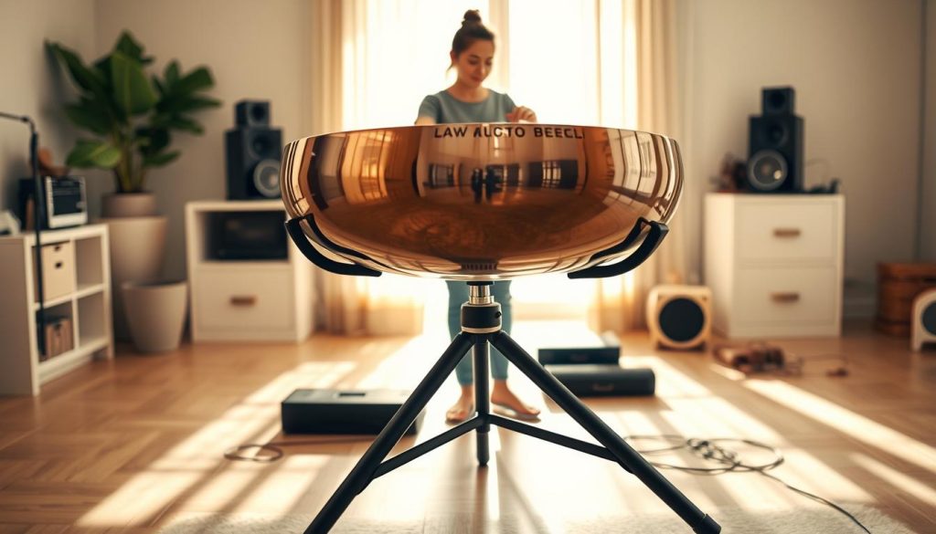 A handpan supported by a sleek, modern tripod in a serene indoor setting, emphasizing stability, height, and playing comfort. In the foreground, the handpan’s unique, polished surface reflects soft sunlight, showcasing its intricate details and vibrant colors. The tripod is designed with adjustable height settings, displaying a sturdy build that complements the handpan beautifully. In the middle ground, a musician with a modest casual outfit is gently playing the handpan, focused and relaxed, embodying the comfort of the setup. The background features a softly lit room with calming colors, additional musical elements subtly placed to enhance the atmosphere. The overall mood is peaceful and inviting, perfect for a music lover’s space.