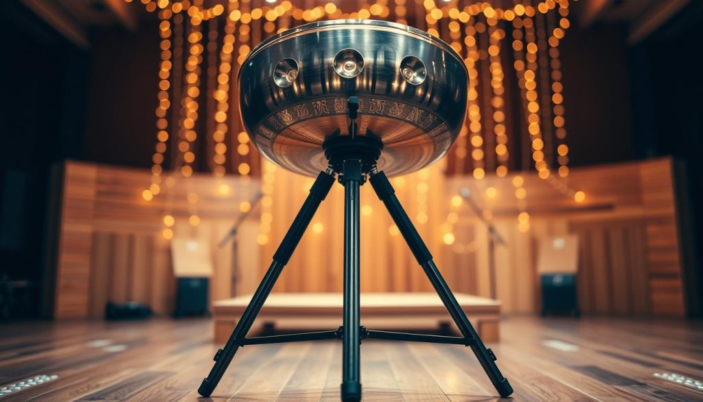 A handpan tripod displayed prominently in the foreground, showcasing its sturdy metal legs and adjustable height mechanism, creating an impression of stability and versatility. The tripod supports a beautifully crafted handpan, with its intricate details and shimmering finish. In the middle ground, a softly blurred wooden stage hints at a performance setting, while the background features a warm, inviting lighting atmosphere with bokeh effects from softly glowing string lights. The scene captures a serene mood, ideal for musical creativity. Use a wide-angle lens perspective, emphasizing the tripod’s height and functionality, with soft shadows to add depth and dimension. The overall composition should evoke a sense of comfort and professionalism for musicians choosing the right handpan stand.