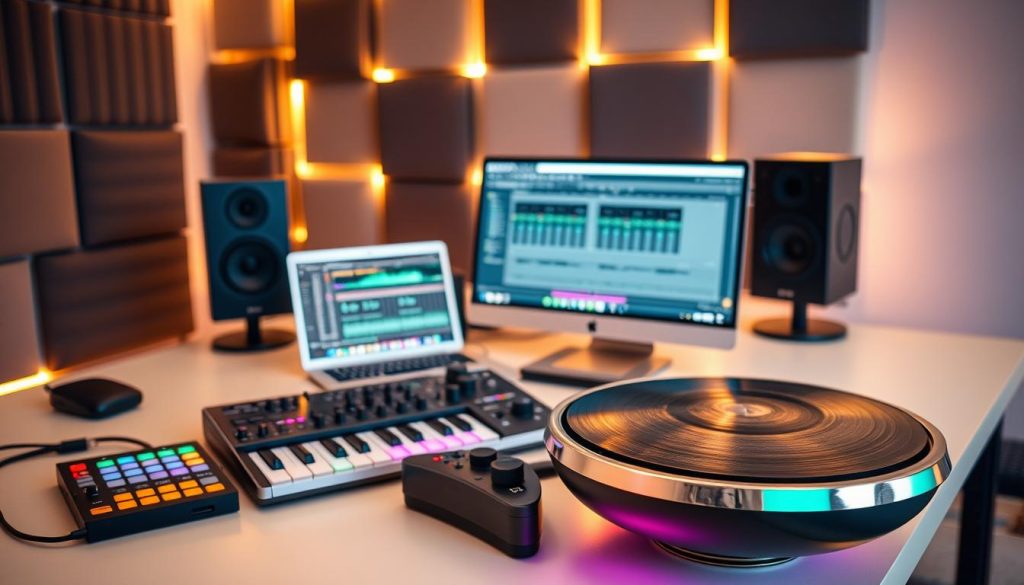 A modern home studio setup featuring a sleek desk equipped with a computer and an array of Bluetooth devices. In the foreground, showcase a high-quality MIDI controller and a stylish e-handpan, with vibrant colors that emphasize their electronic components. The middle ground displays a laptop with open music production software, highlighting USB-C and Bluetooth connections, illuminated by soft, warm lighting. In the background, there is a wall filled with acoustic panels and ambient LED lights, creating a cozy yet professional atmosphere. Capture the scene from a slightly elevated angle to provide depth, evoking a sense of creativity and innovation in music production. The overall mood should be inviting and inspiring, reflecting a space where technology meets artistry. A modern home studio setup featuring a sleek desk equipped with a computer and an array of Bluetooth devices. In the foreground, showcase a high-quality MIDI controller and a stylish e-handpan, with vibrant colors that emphasize their electronic components. The middle ground displays a laptop with open music production software, highlighting USB-C and Bluetooth connections, illuminated by soft, warm lighting. In the background, there is a wall filled with acoustic panels and ambient LED lights, creating a cozy yet professional atmosphere. Capture the scene from a slightly elevated angle to provide depth, evoking a sense of creativity and innovation in music production. The overall mood should be inviting and inspiring, reflecting a space where technology meets artistry.